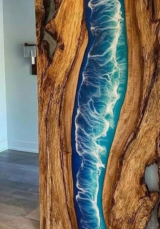 Handmade Ocean Wooden Door | Resin Art Coastal Interior Door | Rustic Sliding