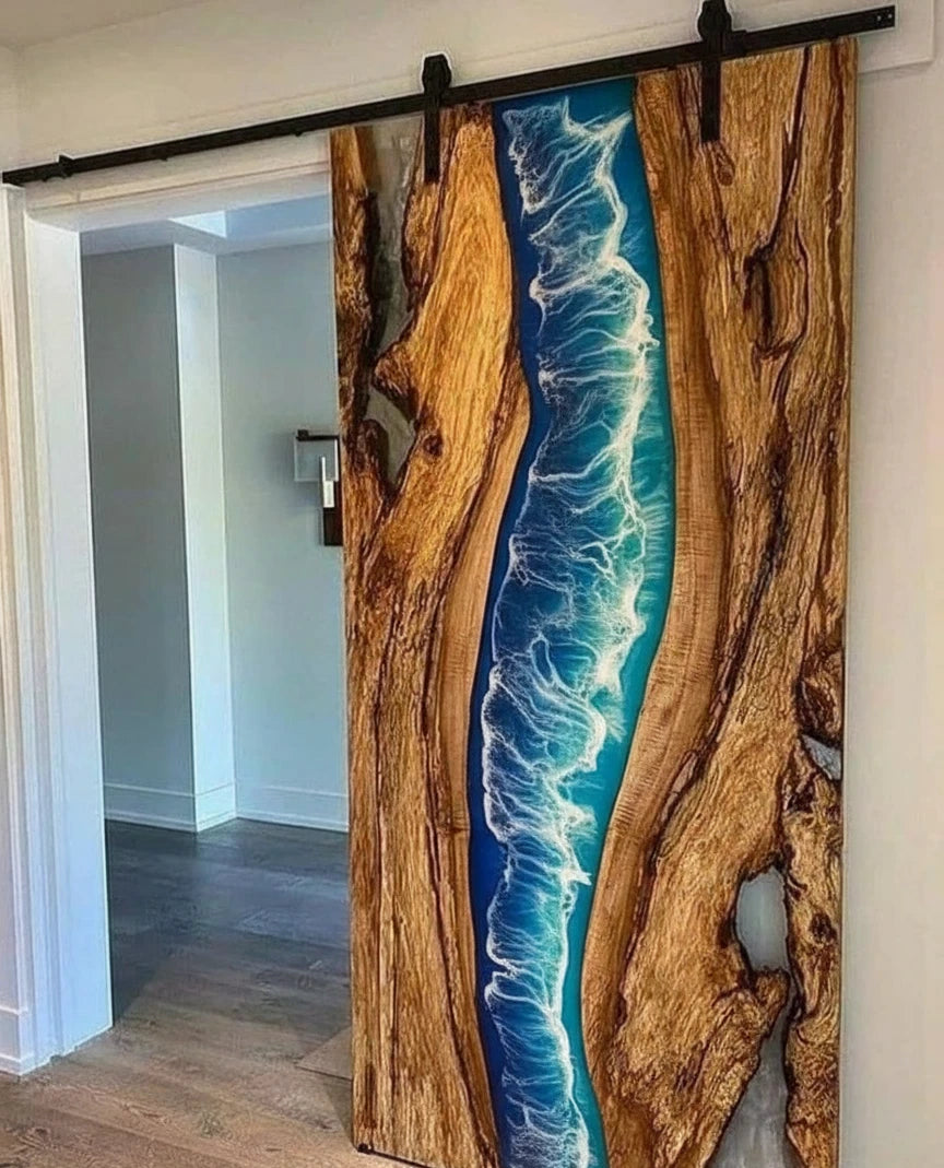 Handmade Ocean Wooden Door | Resin Art Coastal Interior Door | Rustic Sliding