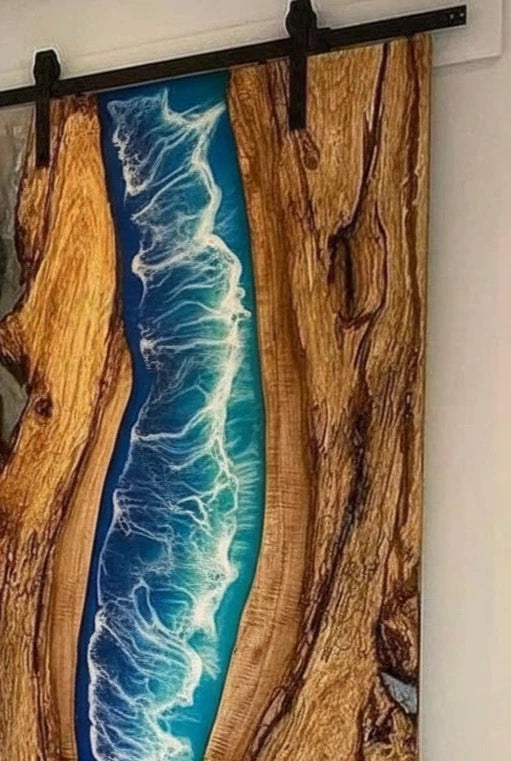 Handmade Ocean Wooden Door | Resin Art Coastal Interior Door | Rustic Sliding