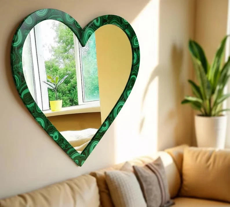 Luxury Malachite Heart Mirror | Handmade Gemstone Wall Mirror | Green Home Déco