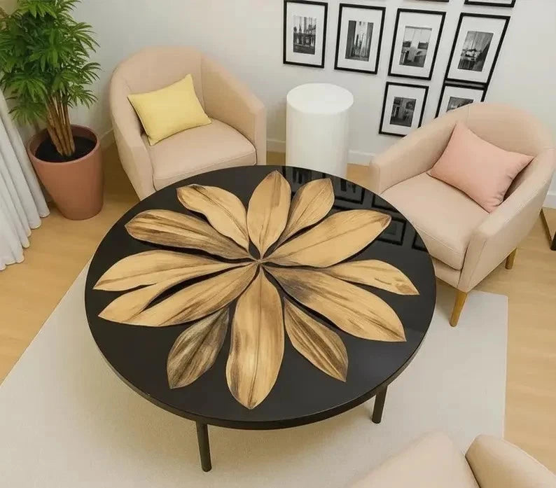 Black Epoxy Resin Coffee Table – Handmade Modern Wood River Table, Unique Center