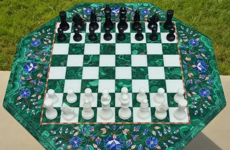 Malachite Inlay Chess Set – Handmade Luxury Green Gemstone Chessboard, Elegant