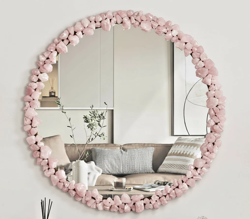 24" Luxury Rose Quartz Wall Mirror | Natural Crystal Stone Home Décor | Modern