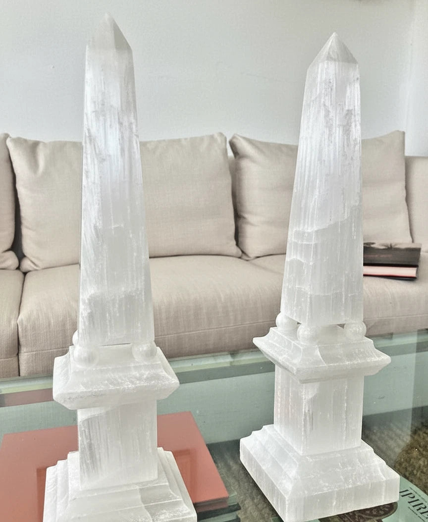 Natural Selenite Obelisk Pair | Healing Crystal Towers | Semi Precious Stone Art