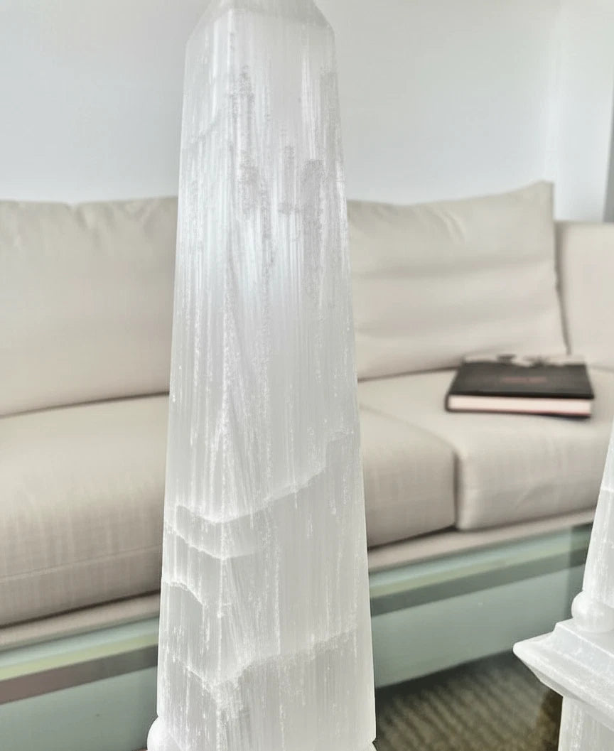 Natural Selenite Obelisk Pair | Healing Crystal Towers | Semi Precious Stone Art